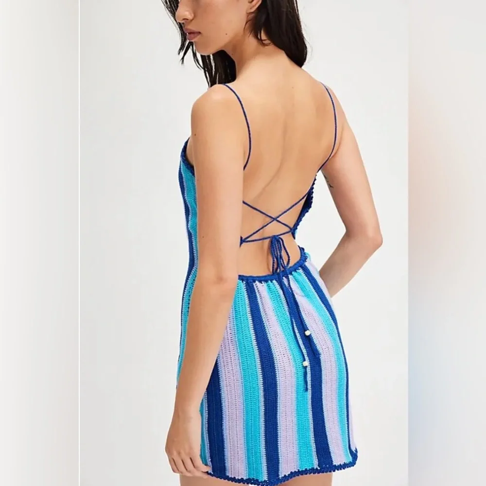 Free People Bali Crochet Popsicle Mini Dress Mint Wave Striped S NWT